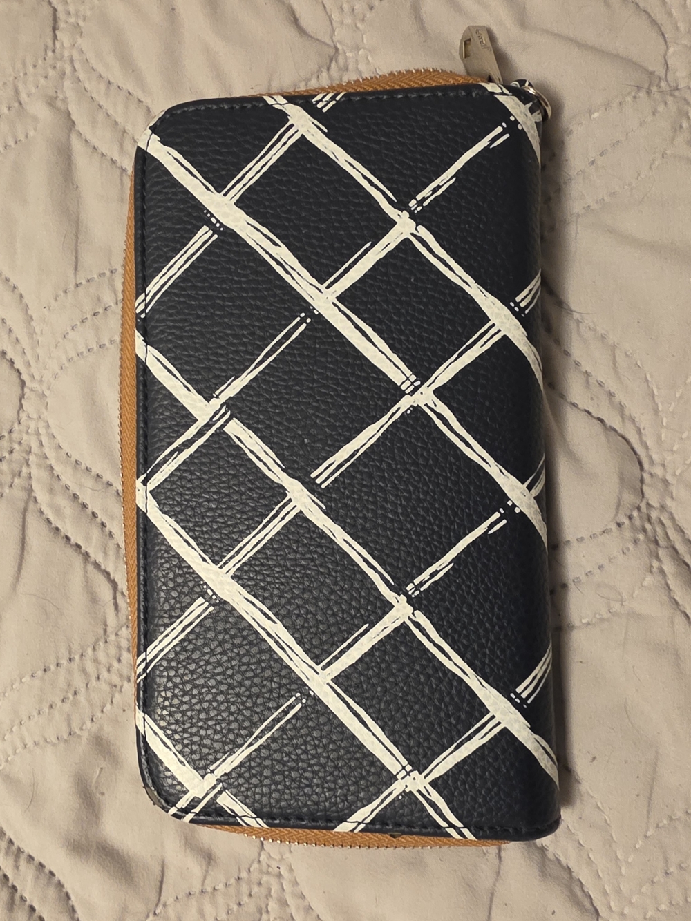 Grid-Print Zip Around Wallet in Black & White with Tan Trim